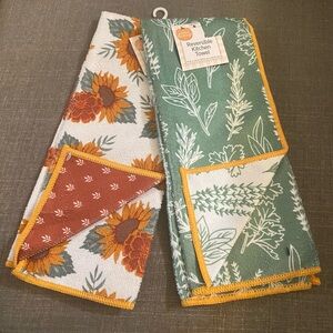 Perfect Harvest Reversible Kitchen Towels –Set of 2 Fall Sunflower & Herb Print